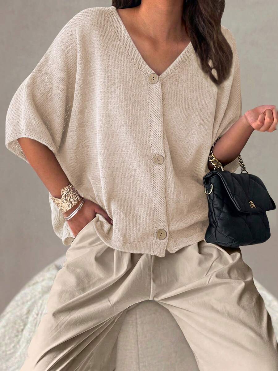 Women's V-Neck Crochet Hollow Out Sheer Short Sleeve Button Cardigan, Loose Silhouette, Casual Daily Basic Dropped Shoulder Top, Suitable For Spring, Autumn And Summer - Apricot - View 1