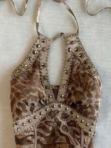Summer Vintage Leopard Print Halter Neck Blouse, Women's Top With Rhinestone And Metal Rivet Decor - Nhiều màu - Xem 4