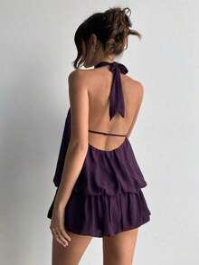 casual de verano para mujer con cuello halter, unicolor y volantes en el bajo - Morado - Ver 2