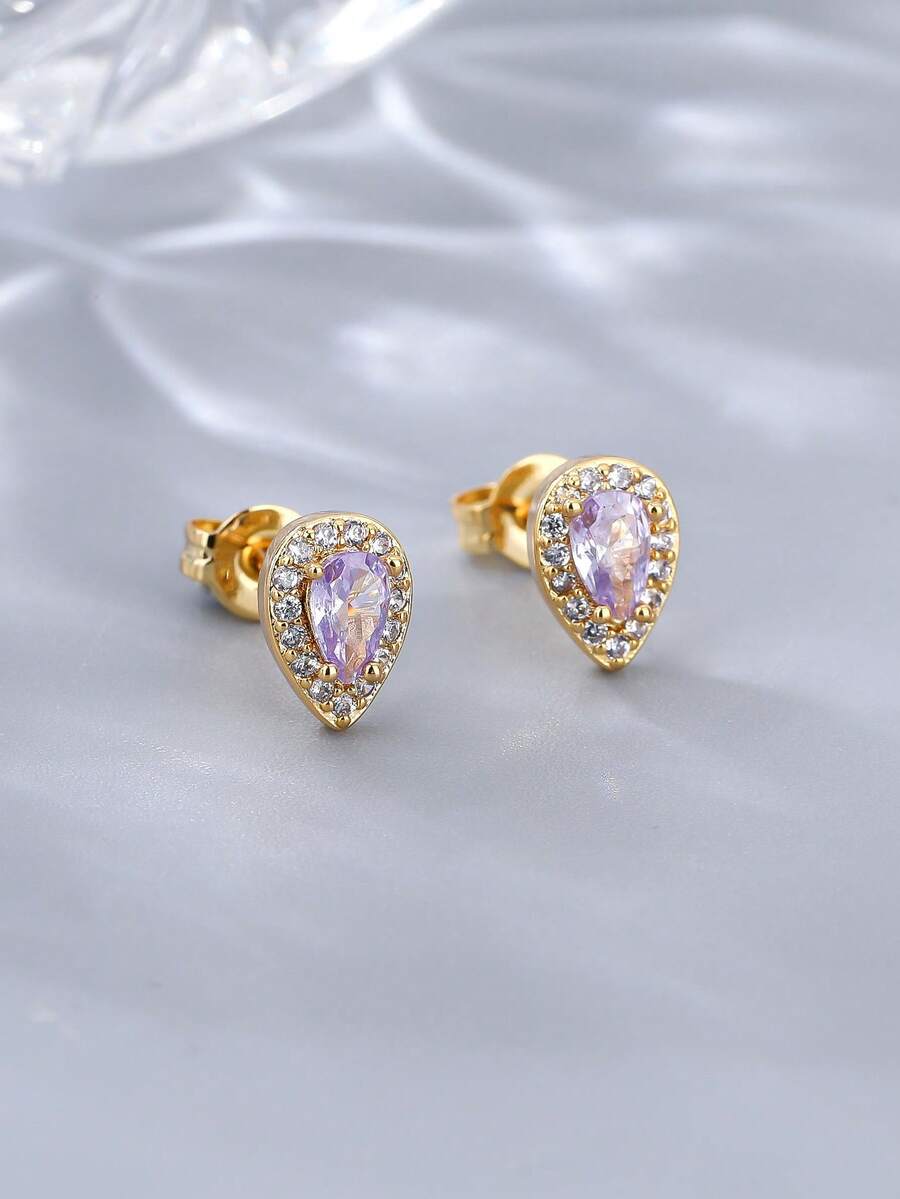 1 Đôi bông tai đinh tán hình quả lê màu tím đính đá Zirconia kiểu Pháp, thiết kế đính đá Zirconia, bông tai nhỏ nhắn đeo hàng ngày theo phong cách Ins. - Bông tai hình quả lê - Xem 1