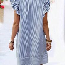 Plus Size Fashion Spring/Summer Casual Striped Front Button Cap Sleeve Dress - Azul - Ver 3
