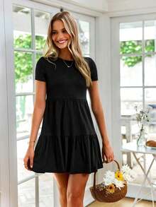 Vestido de punto de manga corta casual con cuello redondo y dobladillo con volantes de unicolor - Negro - Ver 8