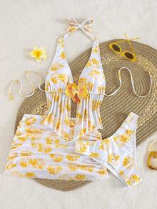 Conjunto de bikini sexy con tirantes de espagueti y estampado aleatorio para mujeres 2026, conjunto de verano, elegante, Día de San Valentín, playa, vacaciones, casual, único, conjunto de verano, conjunto de vacaciones de verano, primavera, conjunto de Día de San Valentín para mujeres, carnaval - Multicolor 3 - Ver 1