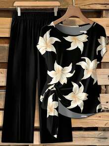 Clasi Conjunto de 2 piezas de blusa con moño elegante y minimalista en color rosa, combinada con pantalones de pierna ancha con estampado floral, adecuado para el verano - Multicolor - Ver 6