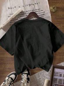 1 pieza de camiseta casual para mujer con estampado de leopardo y gráfico de letras, cuello redondo y manga corta, para verano, 180g, 100% algodón. - Negro - Ver 2