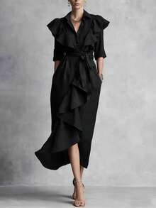 Vestido largo por debajo de la rodilla con cordón, corte holgado favorecedor, botonadura sencilla y volantes, nueva colección primavera-verano 2026 - Negro - Ver 1