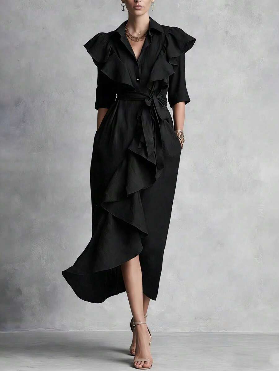 Vestido largo por debajo de la rodilla con cordón, corte holgado favorecedor, botonadura sencilla y volantes, nueva colección primavera-verano 2026 - Negro - Ver 1