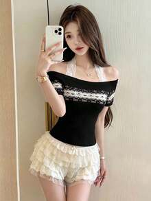 2026 Summer New Sweet Delicate Off-Shoulder Jacquard Knit Top, Girly Halter Lace Fitted Top - Black - View 6