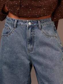 Jeans casuales rectos y sueltos con decoración de cuentas para mujer - Azul - Ver 6