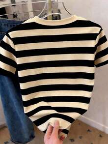 Camiseta de manga corta de cuello redondo a rayas, versátil y casual para uso diario de mujer - Multicolor 4 - Ver 2