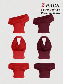 Set de 2 blusas casuales de unicolor de ajuste ceñido que se pueden usar de 3 maneras diferentes para mujeres - Rojo 2 - Ver 2
