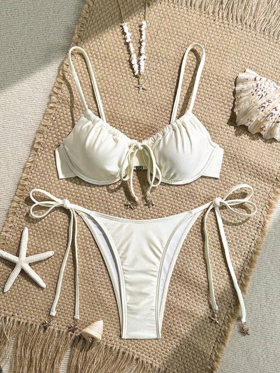 Conjunto de bikini para mujer con top de tirantes con aros y sujetador push-up con estampado digital y Bottom con lazos laterales, para primavera/verano - Beis - Ver 1