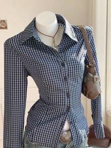 Camisa de manga larga de ajuste ceñido con cintura anudada a rayas rosa, blusa a rayas amarilla para mujer, nueva colección de otoño - Azul 2 - Ver 7