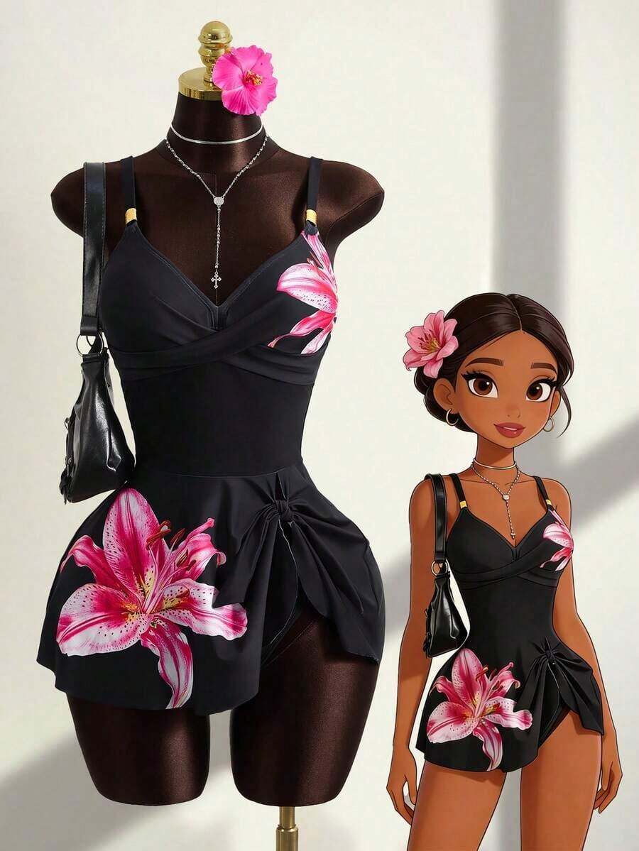 Conjunto de bikini de 2 piezas con estampado floral, accesorio de metal y correa ajustable, de caliente para vacaciones de primavera/verano y playa - Multicolor 5 - Ver 1
