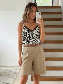 Camiseta de verano para mujer con estampado de leopardo marrón, de estilo minimalista, retro y elegante, versátil para uso diario o vacaciones.Camiseta de mujer con escote en V y encaje de contraste a la moda - Multicolor 4 - Ver 5
