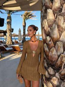 Vestido de manga larga de punto para mujer, estilo de vacaciones en la playa - Camello profundo - Ver 6