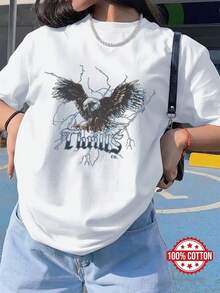 Camiseta Casual de Primavera/Verano para Mujer, Estilo Punk, Estampado Eagle Lightning Thrills CO., Cuello Redondo, Manga Corta, Hombros Caídos, Talla Grande, Camiseta de Algodón Cómoda Chu K - Blanco - Ver 6