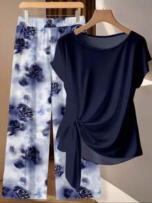 Conjunto de 2 piezas de blusa con lazo y pantalones de pierna recta para mujer - Multicolor 5 - Ver 3