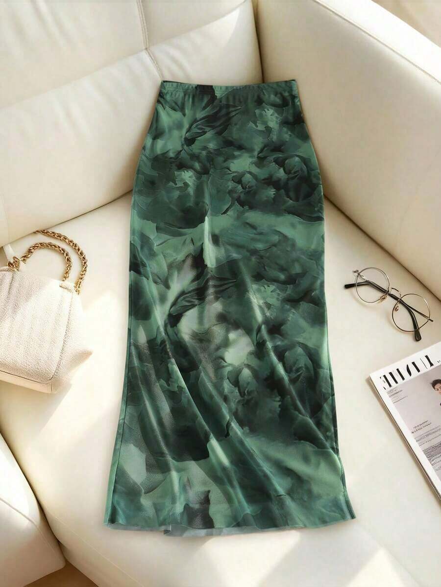 Falda ajustada de malla con estampado de leopardo para mujer, ropa de otoño - Verde Oliva - Ver 1