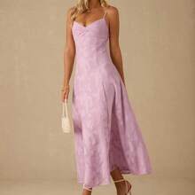 Spring/Summer Romantic Women's Pastel Purple Jacquard Pleated Backless Strap Maxi Dress,Sweet&Elegant For Vacation&Date&Holiday&Party&Graduation&Wedding Guest&Beach,Prom Dress,Summer Dresses For Women,Sun Dresses For Women,Summer Clothes - Rosa - Ver 4