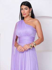 Long, Sparkly, One-Shoulder Party Dress With An Elegant Cape, Perfect For Bridesmaids, Weddings, And Graduations. - 紫丁香色 - 查看 4