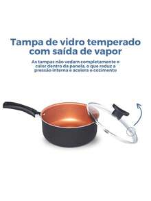 Panela Antiaderente 18 cm Preto com Cobre com Tampa de Vidro Temperado Alumínio 5 Camadas Fundo Antiderrapante Baquelite Antitérmico - Visão 4