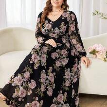 Vestido midi acampanado de manga larga de gasa con estampado floral romántico, corte regular, talla grande, tela de otoño primavera/verano para mujer - Multicolor - Ver 2