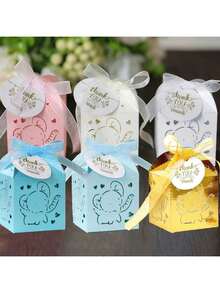 25pcs/50pcs Per Pack Elephant Candy Gift Small Square Box, Birthday Party Chocolate Packaging Box 5*5*8cm, Includes Ribbon And Thank You Tag, Suitable For Christening, Holiday Gifts Packaging And Decoration - Multicolor - View 1