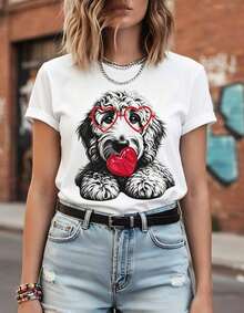 Women's Cute Goldendoodle Vaine Tops, Doodle Mom Gift, Dog Vaines, Labradoodle, Dog With Heart Gles, Heart Lollipop. High-Quality 180g Pure Cotton T-Shirt - Easy To Match, Perfect For Work, Weekend Getaways, And Gatherings; A Perfect Gift For Family. Summer Tops. - 白色 - 查看 4