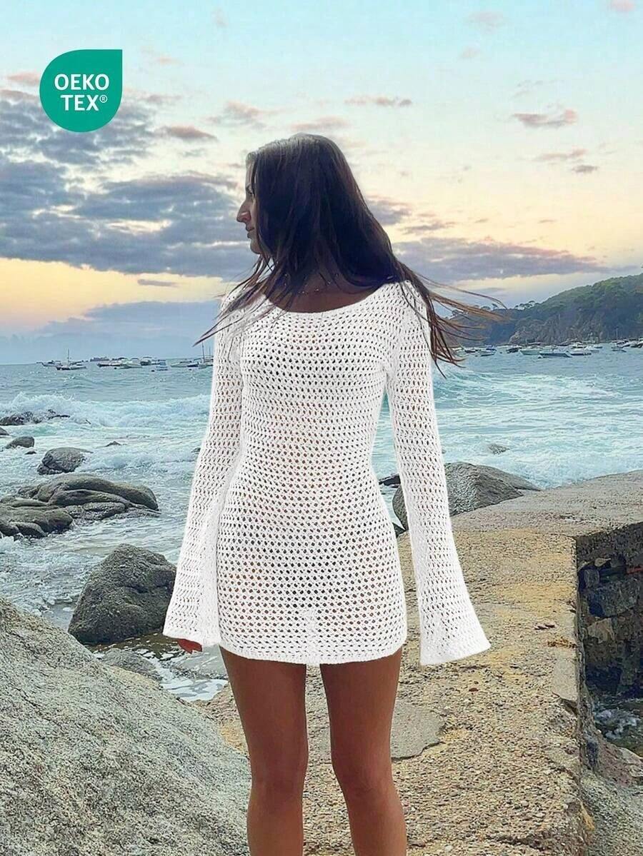 Vestido corto de punto transparente con espalda descubierta y diseño calado, para playa y vacaciones, de unicolor y manga larga, para primavera/verano - Blanco - Ver 1