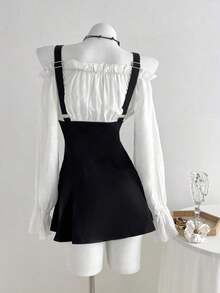 Vestido corto de mujer con hombros descubiertos y contraste de color - Blanco y Negro - Ver 2