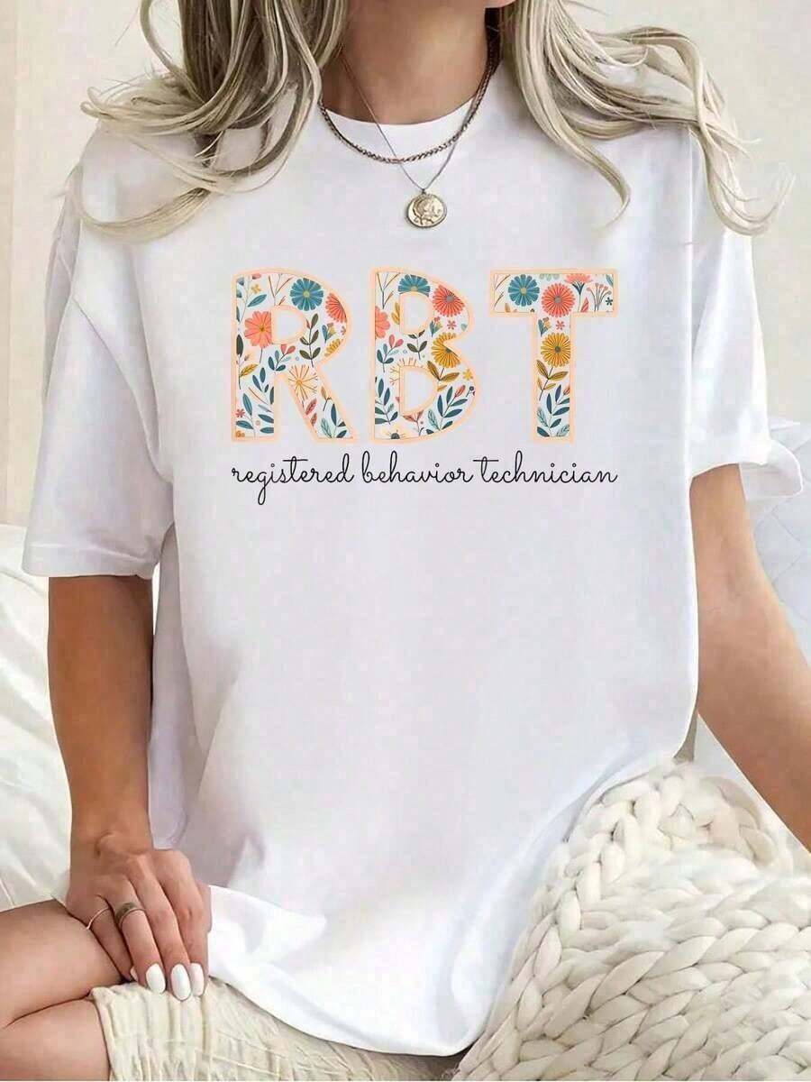1 Piece Of White T-Shirt, With Vintage Flower Print, For Therapist/Behavioral Technologist (RBT), Short Sleeve Round Neck Summer T-Shirt, Casual, For Summer And Spring, Women's Clothing, 180g, 100% Soft Cotton. - 白色 - 查看 1