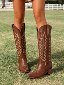 Womens Embroidered Cowgirl Knee High Boots Pointed Toe Block Heel Western Cowboy Boots For Women Casual Outings Festivals - màu nâu - Xem 7