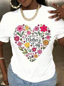 White T-Shirt With Floral Heart Print For Mother's Day, Casual Fashion For Parties, Round Neck, Short Sleeve, Soft And Comfortable, Pure Cotton Fabric, Perfect For Mother's Day Celebrations, Family Gatherings And Daily Wear, Breathable And Comfortable. - 白色 - 查看 6