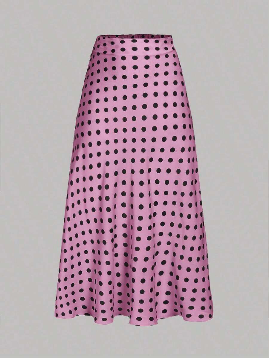 Falda de estilo vacacional elegante y retro con estampado de lunares para mujeres, otoño, invierno - Rosa - Ver 1