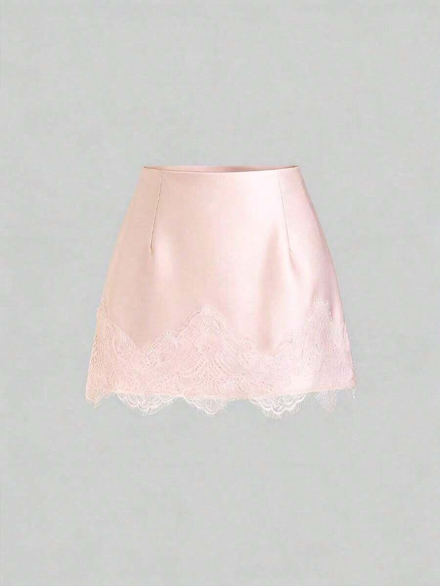 Falda casual de satén marrón con estampado floral retro francés elegante, nueva llegada chic de principios de primavera - Rosa 2 - Ver 1