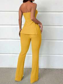 Conjunto de top bandeau y falda larga con abertura alta en color verde sólido para mujer - Amarillo - Ver 2