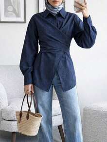 Camisa casual de mujer de manga larga con botones delanteros, para uso diario - Azul marino - Ver 2