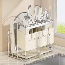 Multifunctional Stainless Steel Knife Holder Integrated Kitchen Countertop Knife And Cutting Board Storage Rack - Multicolor - View 4