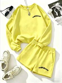 Women's Yellow Sweatshirt And Shorts Set, Thin Spring/Summer - Bright Yellow - View 5