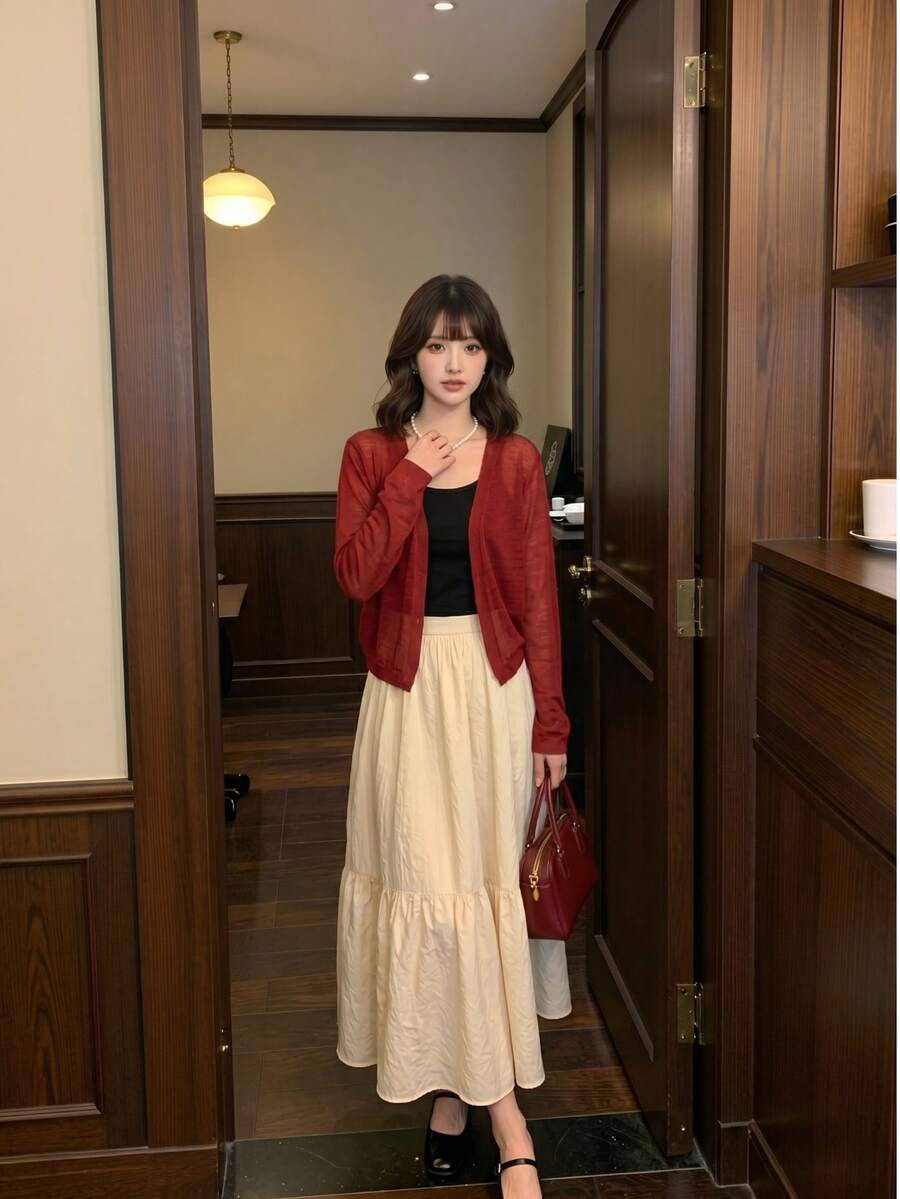Áo khoác cardigan dệt kim tay dài màu đỏ mới của Y6Y, kiểu dáng thường ngày. - Đỏ - Xem 1