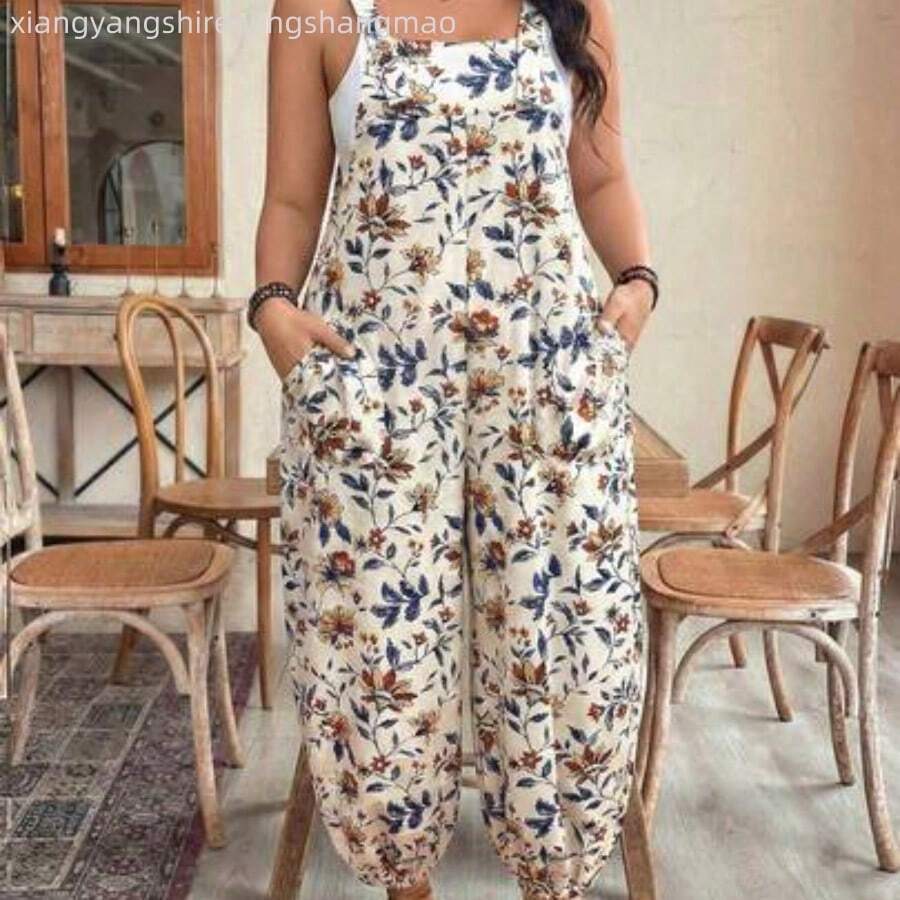 Plus Size Women's Elegant Striped Pocket Jumpsuit, Suitable For Work And Commute, Spring/Summer - Albaricoque - Ver 1