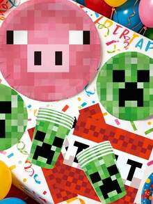 Minecraft 我的世界像素矿工主题生日派对用品套装，一次性餐具套装，包含盘子、杯子和餐巾纸，以及游戏玩家横幅，我的世界风格派对装饰，绿色像素世界生日派对用品，非常适合生日派对、游戏主题派对，一应俱全的派对套装，易于清理。 - 多款 - 查看 1