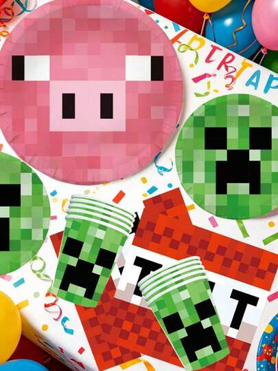 Minecraft 我的世界像素矿工主题生日派对用品套装，一次性餐具套装，包含盘子、杯子和餐巾纸，以及游戏玩家横幅，我的世界风格派对装饰，绿色像素世界生日派对用品，非常适合生日派对、游戏主题派对，一应俱全的派对套装，易于清理。