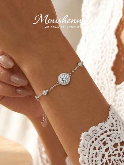 MOUSHEENIA Vòng tay Moissanite 1ct cao cấp dành cho nữ, bạc sterling 925 nguyên chất, đính kim cương nhân tạo lấp lánh, món quà kỷ niệm tinh tế dành cho nàng, trang sức tối giản sang trọng.
