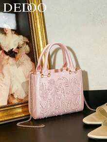 Dedoo Satin Faux Pearl Women's Mini Handbag, Women's Chain Shoulder Bag, Fashion Small Tote Bag, Women's Luxury Designer Fashion Handbag - Pink - View 3