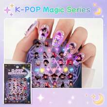 1片 K-Pop Witch Hunt 女團發光美甲貼紙，彩色螢光貼花，易貼易撕，無殘留，適合日常佩戴、派對與送禮，隨機款式與包裝 - 彩色 - 查看 3