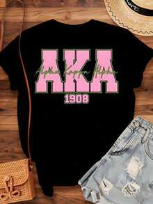 Playeras de Mujer Alpha Alpha Aka 1908, Camiseta de Sororidad para Mujer con Diseño Rosa y Verde para Eventos y Celebraciones de la Vida Universitaria Griega, 220G - Negro - Ver 3