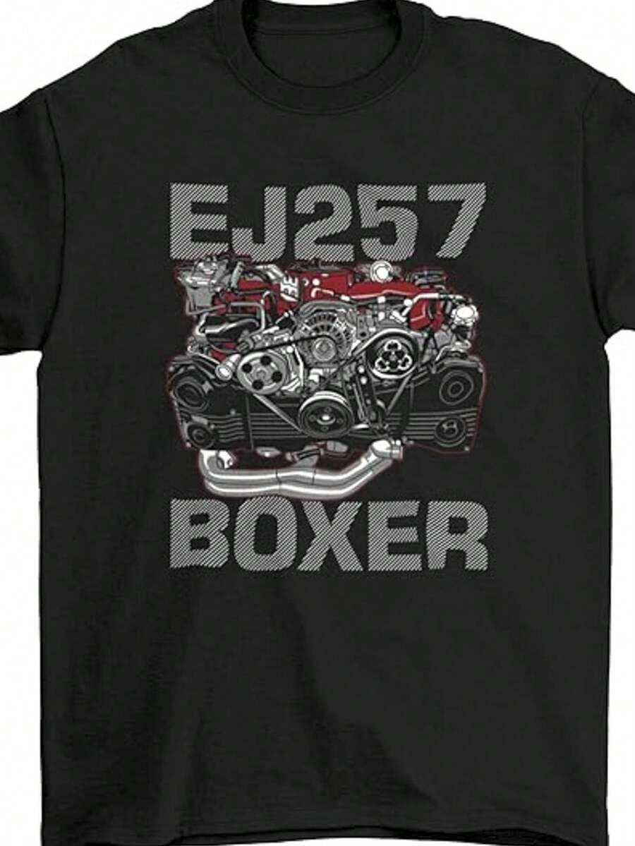 [Durable Construction] Black Short Sleeve T-Shirt With EJ257 BOXER Engine Print - Casual Loose Fit, Machine Washable, All Season Crew Neck T-Shirt For Adults, A Short Sleeve T-Shirt Suitable For Home, Daily Wear, Parties And Travel - Perfect As A Gift For Friends Or Family. - 黑色 - 查看 1