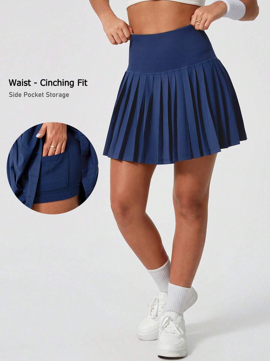Leorrey 1 pieza Falda mini de verano para mujer, de cintura alta, unicolor, cómoda y sin costuras, con pliegues, para uso casual, deportivo y de entrenamiento, con protección contra exposición - Azul Marino - Ver 1
